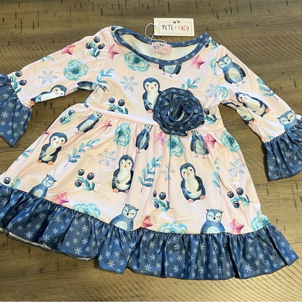 Girls Penguin Print Dress - Pink and Blue